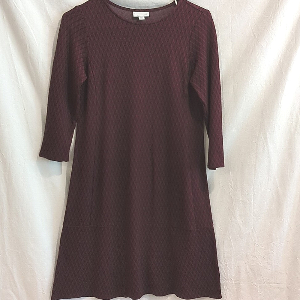 J.Jill | Wine Black Ponte Knit Dress Princess Seams Low Flounce 3/4 Sleeve | XS